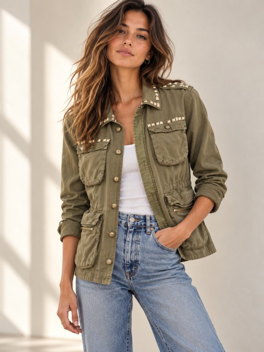 Current/Elliott Lone Solider Studded Army Green Utility Jacket Womens S Military